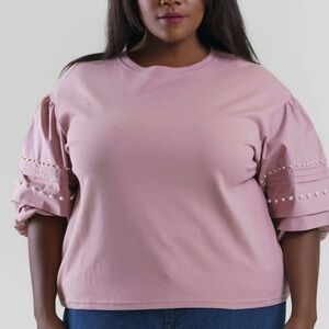 Nude Pink Pearl-Embellished Women's Top